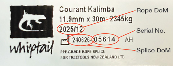 Example Courant KALIMBA rope label showing serial number, splice DoM and rope DoM